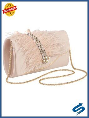 Faux Suede Envelope Clutch with Faux Feather and Rhinestone Pearl Crossbody